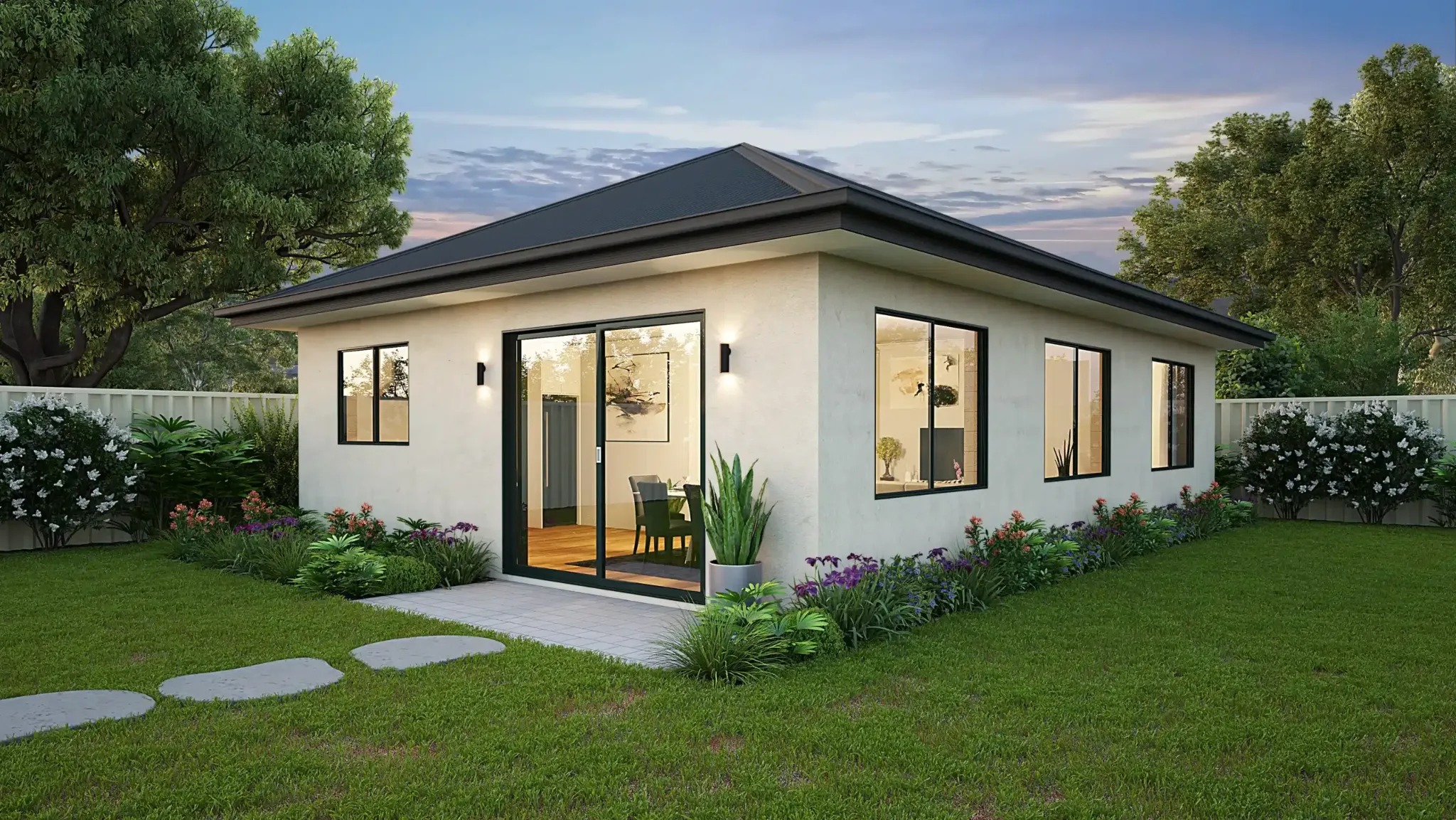 Modern compact residence opening to a garden